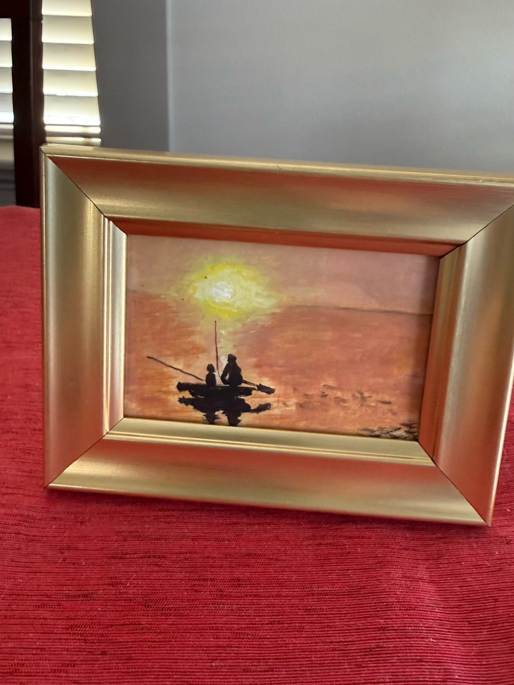 Father's Day Gift, Sunrise Boat 2 Silhouettes in Gold Frame, 3.5"x5"